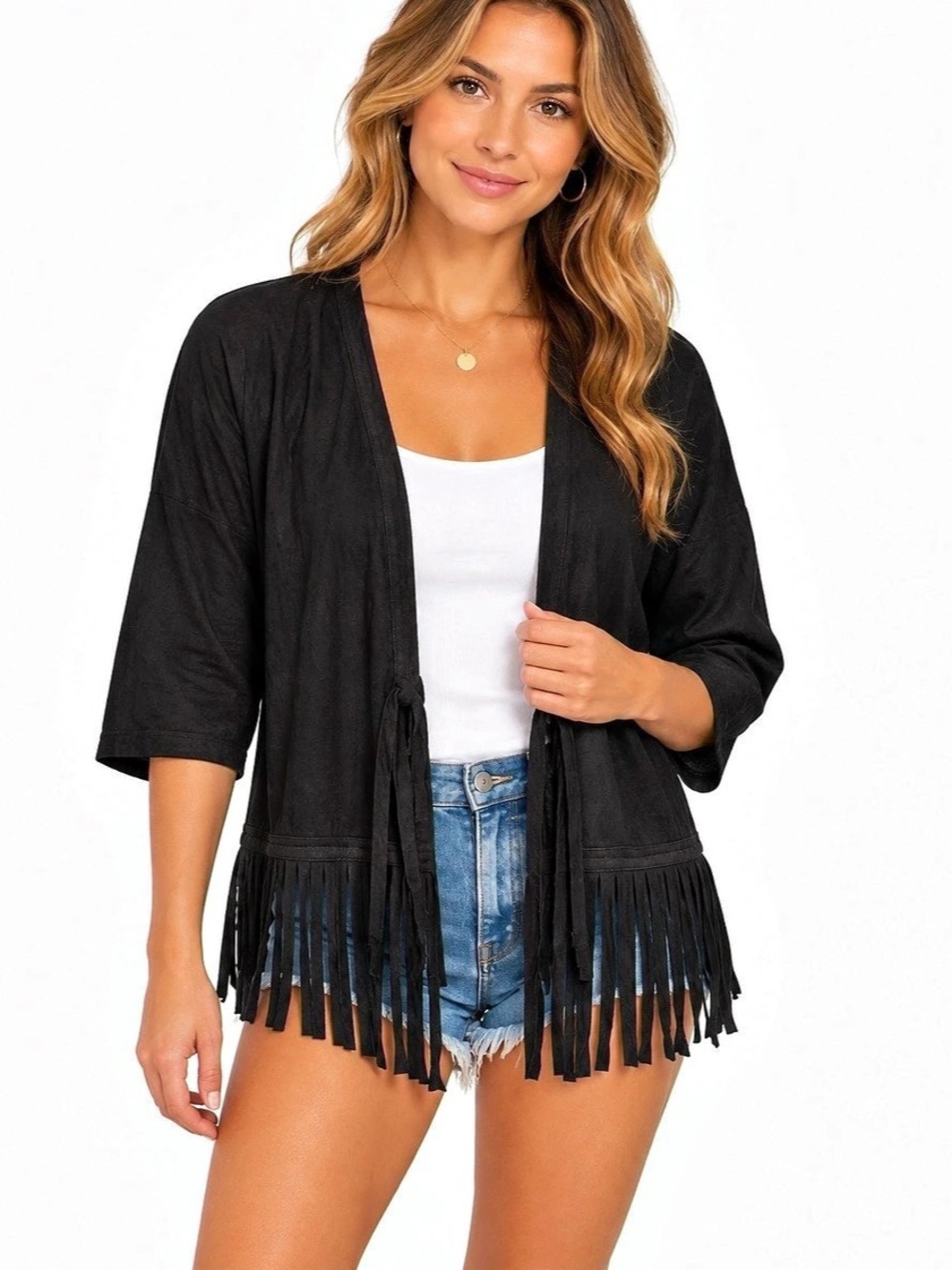 NWT Neslay Design Black Faux Suede Fringe Kimono Cardigan Size Small/Medium